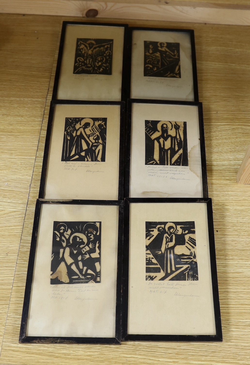 A group of six German woodblock prints, titled biblical scenes, frames 24 x 15cm